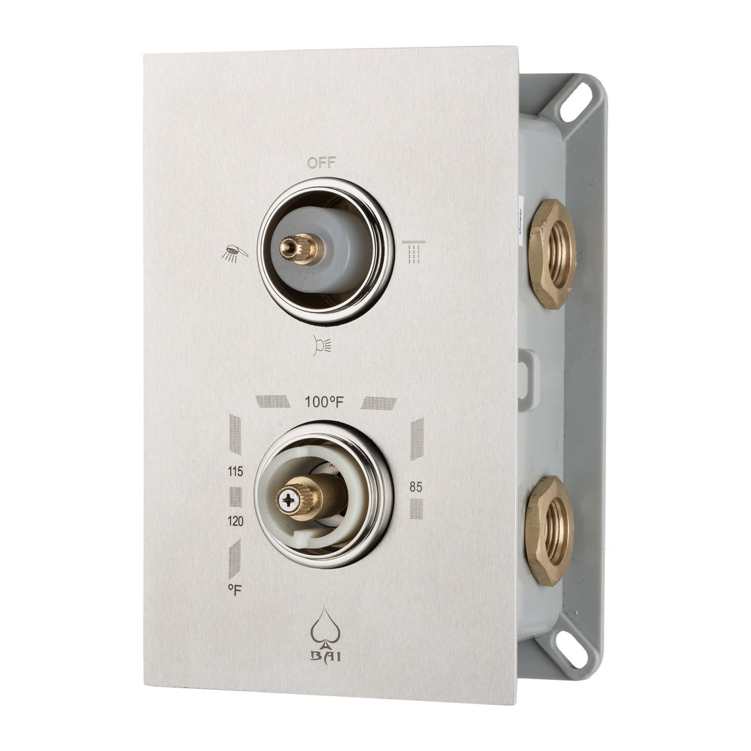 BAI 0128 Concealed Thermostatic Shower Mixer Valve in Brushed Nickel Finish, look without knobs.