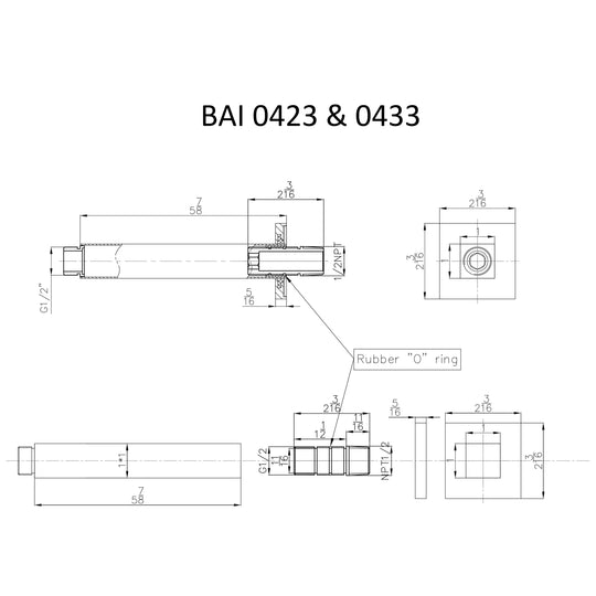 Technical drawings for BAI 0423 Ceiling Mounted 6-inch Shower Head Arm in Polished Chrome Finish