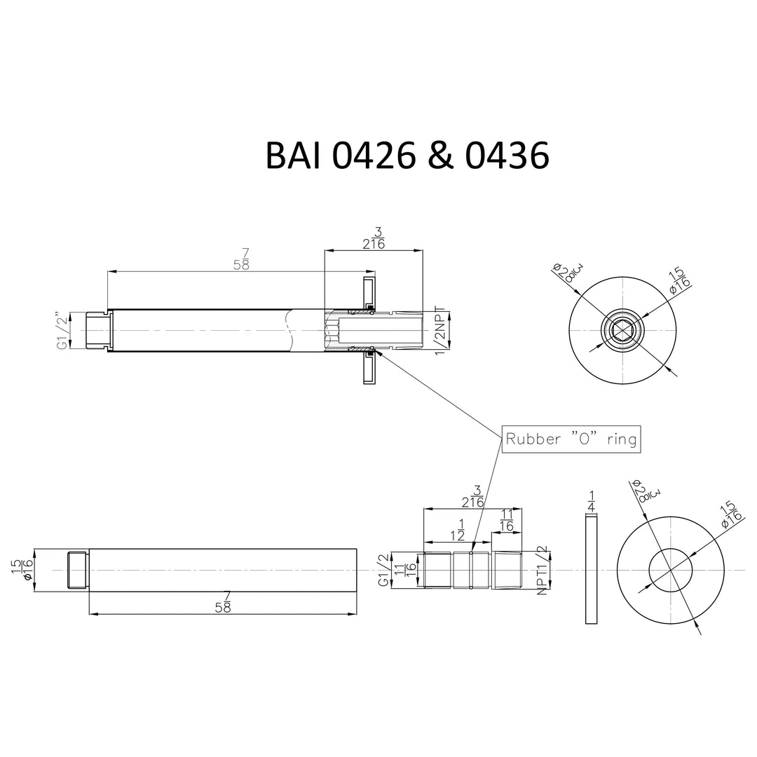 Technical drawings for BAI 0426 Ceiling Mounted 6-inch Shower Head Arm in Polished Chrome Finish
