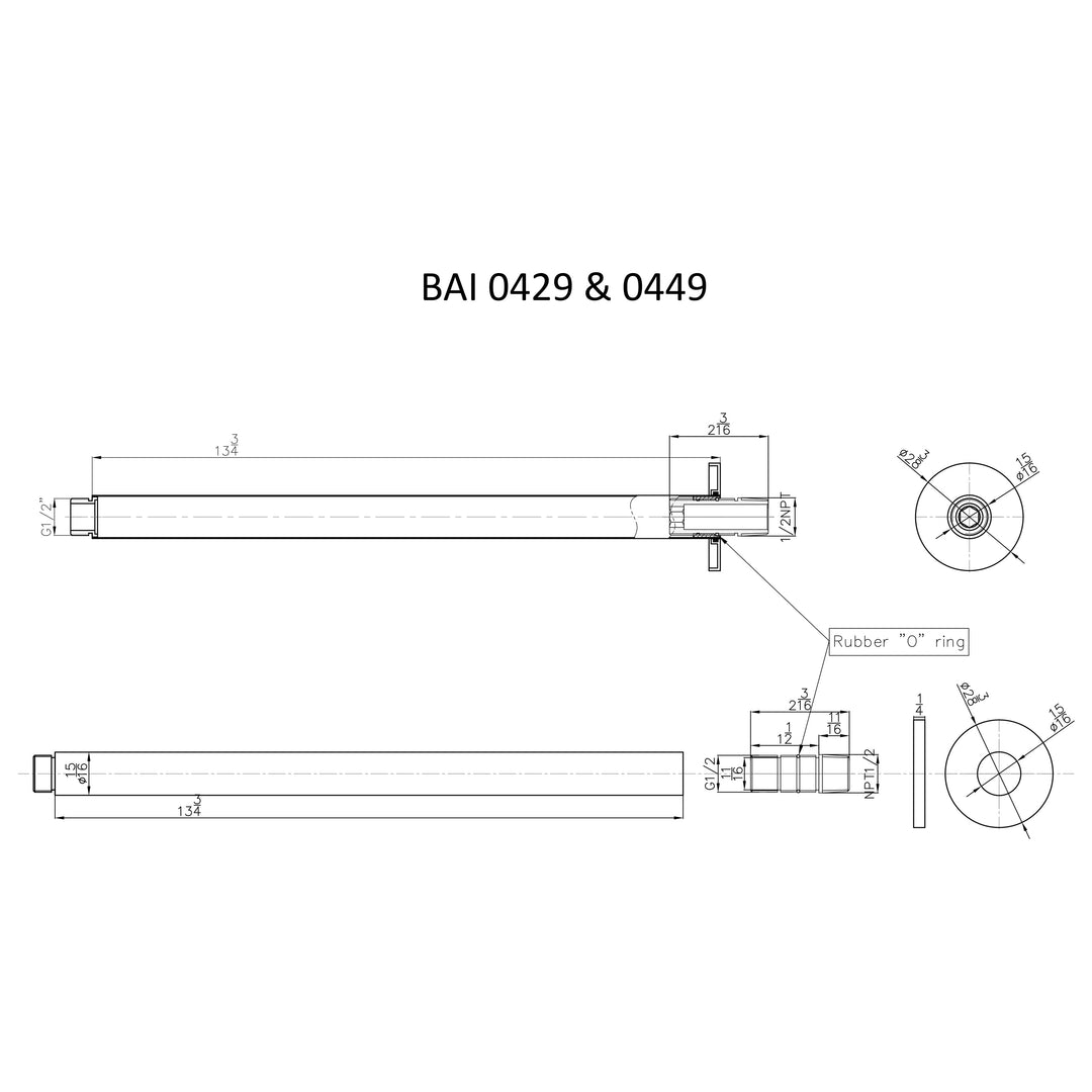 Technical drawings for BAI 0429 Ceiling Mounted 14-inch Shower Head Arm in Polished Chrome Finish