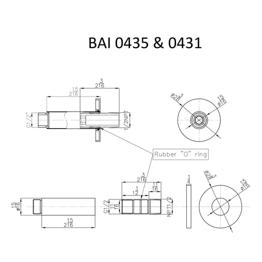 Technical drawings for BAI 0431 Ceiling Mounted 3-inch Shower Head Arm in Polished Chrome Finish