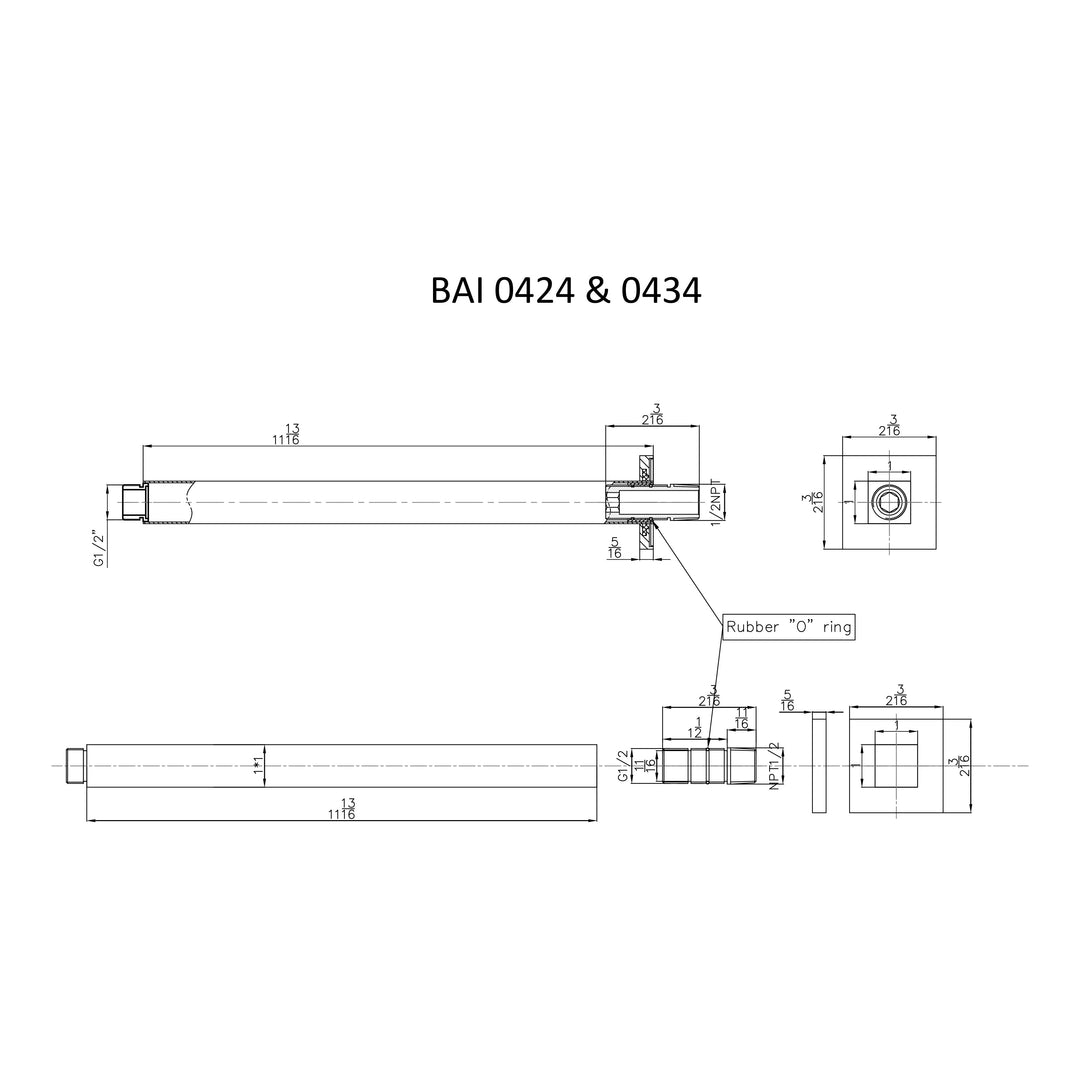 Technical drawings for BAI 0434 Ceiling Mounted 12-inch Shower Head Arm in Brushed Nickel Finish
