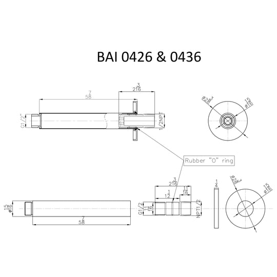 Technical drawings for BAI 0436 Ceiling Mounted 6-inch Shower Head Arm in Brushed Nickel Finish