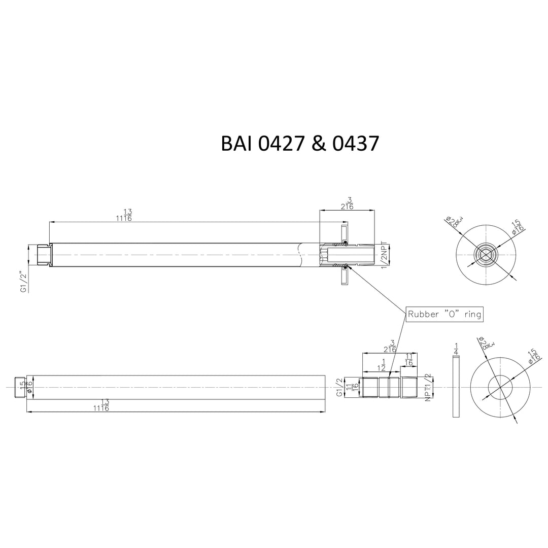 Technical drawings for BAI 0437 Ceiling Mounted 12-inch Shower Head Arm in Brushed Nickel Finish