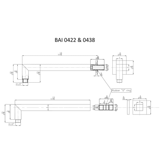 Technical drawings for BAI 0438 Wall Mounted 12-inch Shower Head Arm in Brushed Nickel Finish