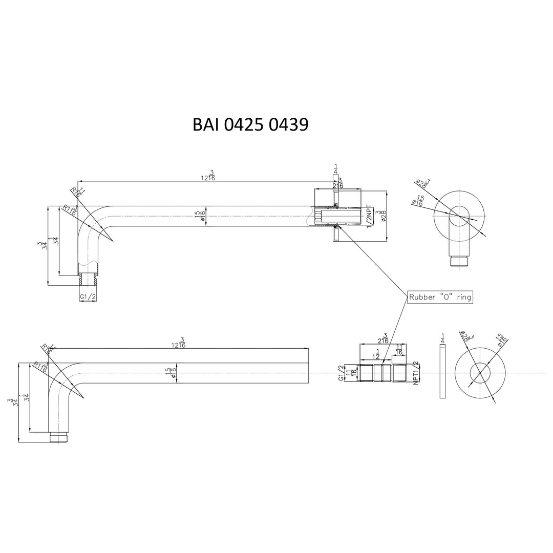 Technical drawings for BAI 0439 Wall Mounted 12-inch Shower Head Arm in Brushed Nickel Finish