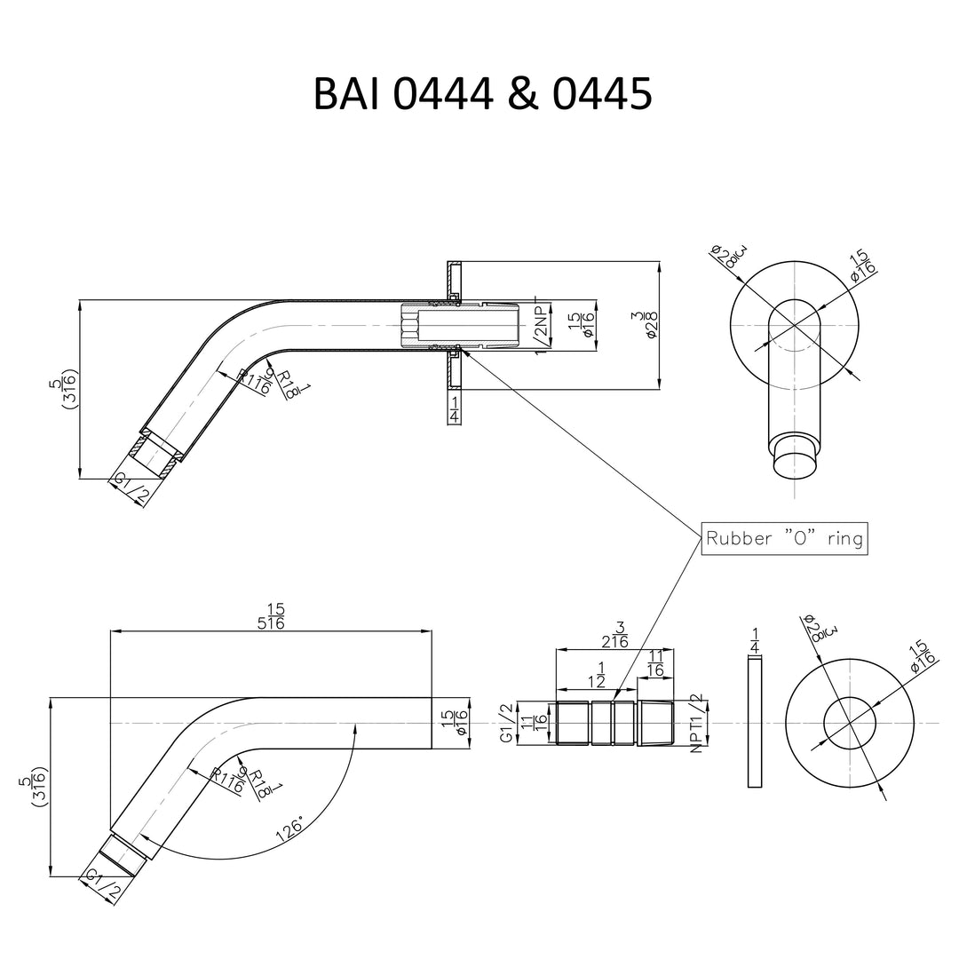 Technical drawings for BAI 0445 Wall Mounted 45 Degree 6-inch Shower Head Arm in Brushed Nickel Finish. 