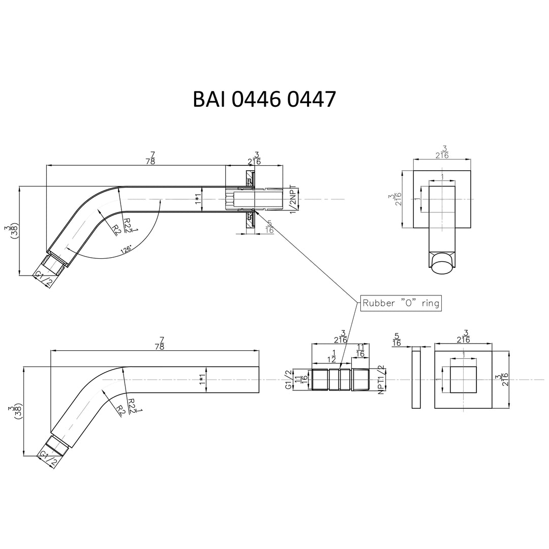 Technical drawings for BAI 0446 Wall Mounted 45 Degree 9-inch Shower Head Arm in Polished Chrome Finish