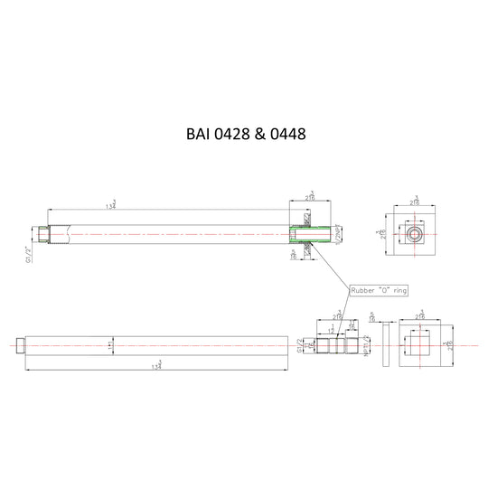 Technical drawings for BAI 0448 Ceiling Mounted 14-inch Shower Head Arm in Brushed Nickel Finish