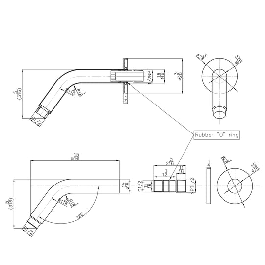Technical drawings for BAI 0452 Wall Mounted 45 Degree 6-inch Shower Head Arm in Matte Black Finish