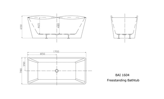 Technical drawings for BAI 1604 Acrylic Freestanding Soaking Bathtub 67-inches