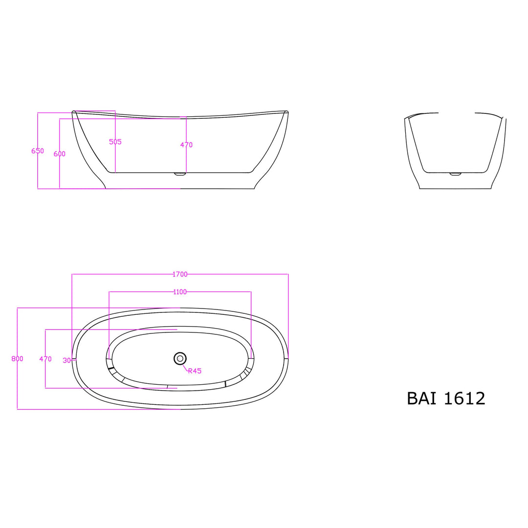 Dimensions for BAI 1612 Acrylic Freestanding Soaking Bathtub 67-inches