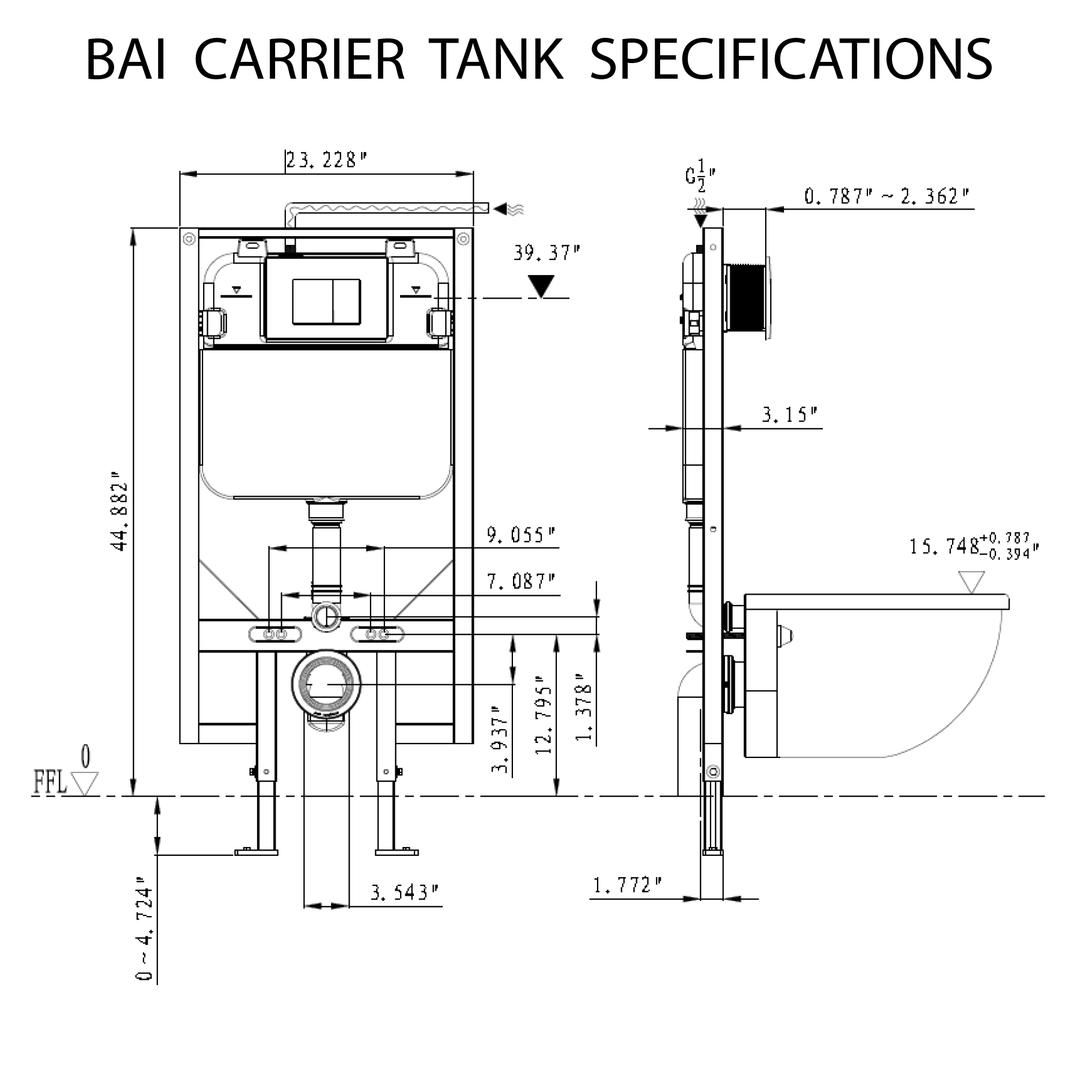 Carrier Tank Specifications for BAI 1015 Contemporary Wall Hung Toilet & Carrier Tank – Dual Flush with Soft-Close Seat
