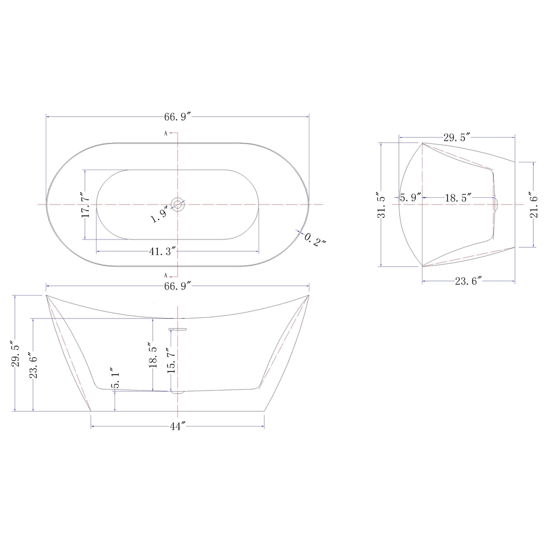 Technical drawings for BAI 1613 Acrylic Freestanding Soaking Bathtub 67-inches