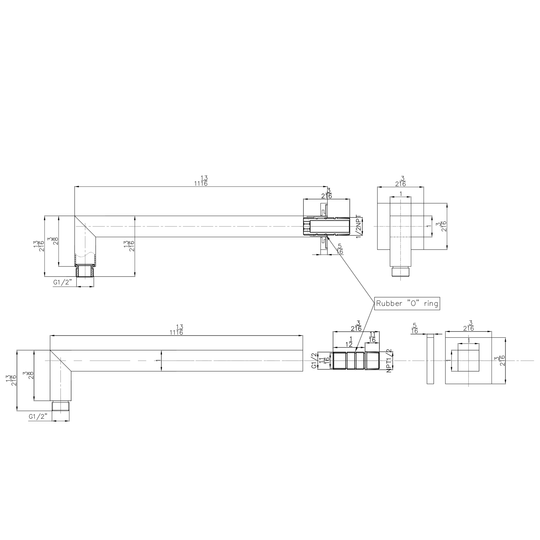 Technical drawings for BAI 0451 Wall Mounted 12-inch Shower Head Arm in Matte Black Finish
