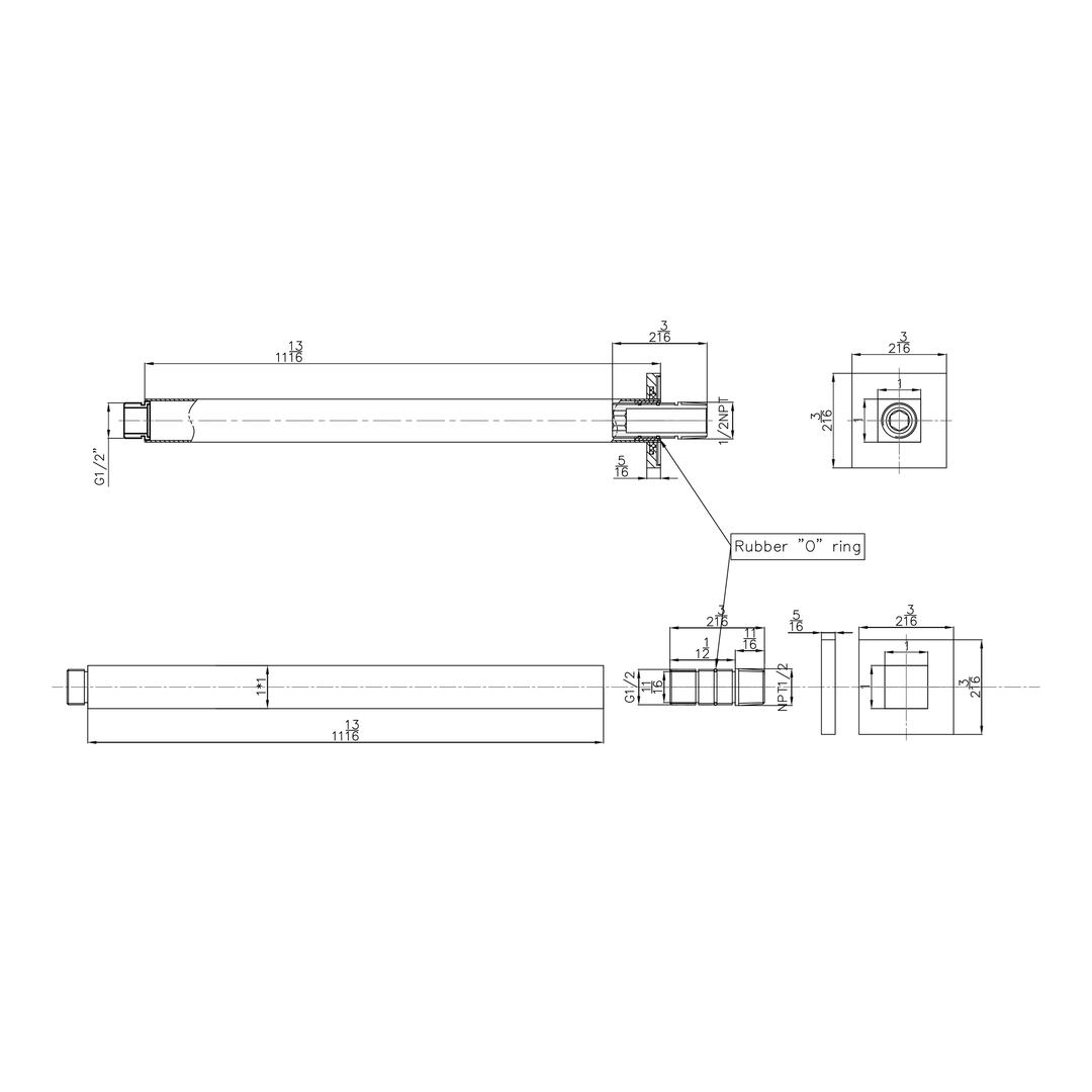 Technical drawings for BAI 0459 Ceiling Mounted 12-inch Shower Head Arm in Matte Black Finish
