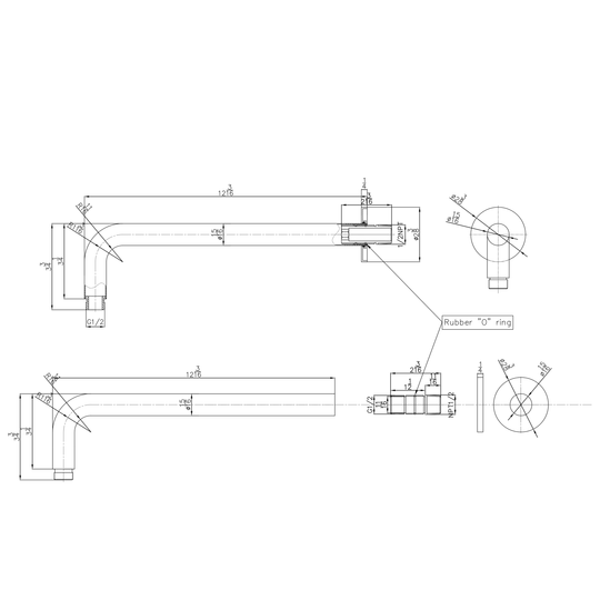 Technical drawings for BAI 0450 Wall Mounted 12-inch Shower Head Arm in Matte Black Finish